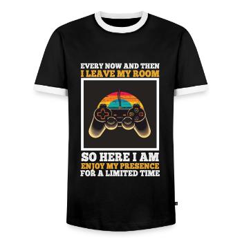Every Now And Then I Leave My Room Gamer Gaming - Men's Ringer Shirt - black/white - Front - AI Model Female 172 light (172cm) & AI Model Male 178 light (178cm)