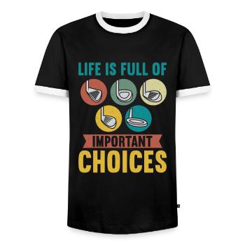 Life is full of important Choices Golfers - Men's Ringer Shirt - black/white - Front - AI Model Female 172 light (172cm) & AI Model Male 178 light (178cm)