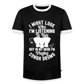 Conga Drum Musician Drumline - Men's Ringer Shirt - black/white - Front - AI Model Female 172 light (172cm) & AI Model Male 178 light (178cm)