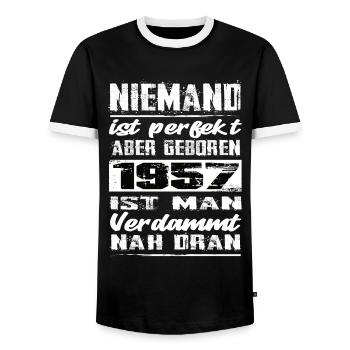 Niemand Is Perfekt Aber geboren 1957 Geburtstag - Männer Kontrast-T-Shirt - Schwarz/Weiß - Vorne - AI Model Female 172 light (172cm) & AI Model Male 178 light (178cm)