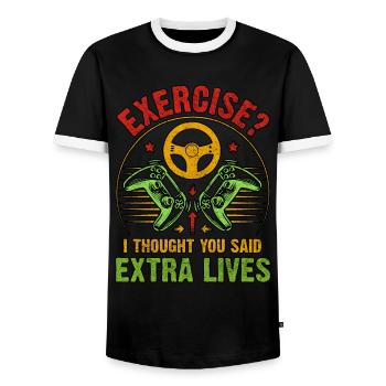 Exercise I Thought You Said Extra Lives Gamer - Men's Ringer Shirt - black/white - Front - AI Model Female 172 light (172cm) & AI Model Male 178 light (178cm)