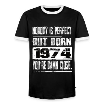 No one is perfect but born 1974 birthday - Men's Ringer Shirt - black/white - Front - AI Model Female 172 light (172cm) & AI Model Male 178 light (178cm)