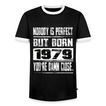 No one is perfect but born 1979 birthday - Men's Ringer Shirt - black/white - Front - AI Model Female 172 light (172cm) & AI Model Male 178 light (178cm)
