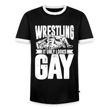 Wrestling It Only Looks Gay - Männer Kontrast-T-Shirt - Schwarz/Weiß - Vorne - AI Model Female 172 light (172cm) & AI Model Male 178 light (178cm)