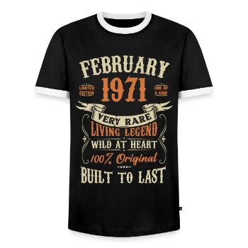 February 1971 Birthday present - Men's Ringer Shirt - black/white - Front - AI Model Female 172 light (172cm) & AI Model Male 178 light (178cm)