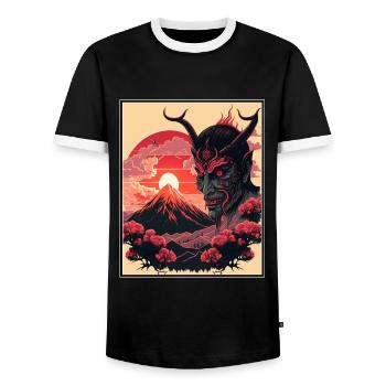 Japan Japanese Demon Cherry Blossom Mountains Retro - Men's Ringer Shirt - black/white - Front - AI Model Female 172 light (172cm) & AI Model Male 178 light (178cm)