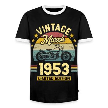 Oldtimer-Biker, Jahrgang März 1953 70-jähriges Jubiläum - Männer Kontrast-T-Shirt - Schwarz/Weiß - Vorne - AI Model Female 172 light (172cm) & AI Model Male 178 light (178cm)