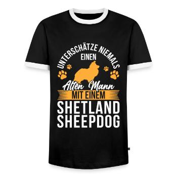 Mann mit Shetland Sheepdog britischer Sheepdog - Männer Kontrast-T-Shirt - Schwarz/Weiß - Vorne - AI Model Female 172 light (172cm) & AI Model Male 178 light (178cm)