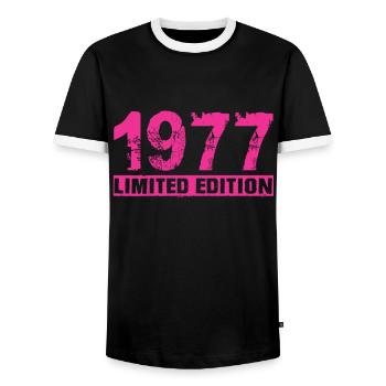 Limited Edition 1977 - Men's Ringer Shirt - black/white - Front - AI Model Female 172 light (172cm) & AI Model Male 178 light (178cm)
