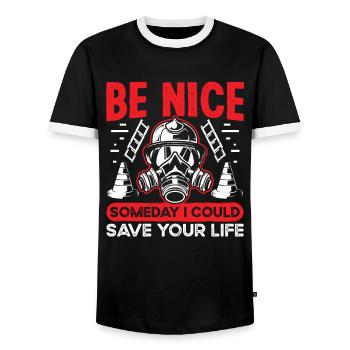 Feuerwehrmann Someday I Save Your Life Feuerwehr - Männer Kontrast-T-Shirt - Schwarz/Weiß - Vorne - AI Model Female 172 light (172cm) & AI Model Male 178 light (178cm)