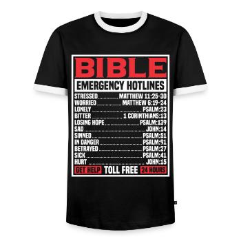 Bible Verse Emergency Numbers Christian Hotline Ps - Men's Ringer Shirt - black/white - Front - AI Model Female 172 light (172cm) & AI Model Male 178 light (178cm)