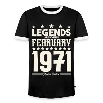 Gift legend February 1971. Gift February 1971. - Men's Ringer Shirt - black/white - Front - AI Model Female 172 light (172cm) & AI Model Male 178 light (178cm)