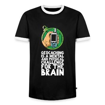 Geocaching is a mental and physical challenge - Men's Ringer Shirt - black/white - Front - AI Model Female 172 light (172cm) & AI Model Male 178 light (178cm)