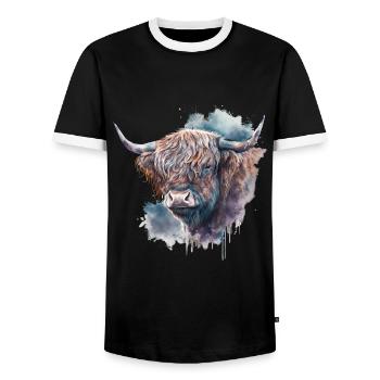 Highland Cattle Watercolor Portrait - Men's Ringer Shirt - black/white - Front - AI Model Female 172 light (172cm) & AI Model Male 178 light (178cm)