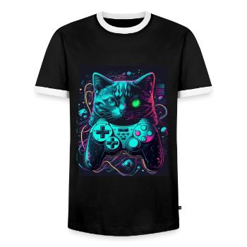 Cats and Gaming Cat Kitten Controller Gaming - Men's Ringer Shirt - black/white - Front - AI Model Female 172 light (172cm) & AI Model Male 178 light (178cm)