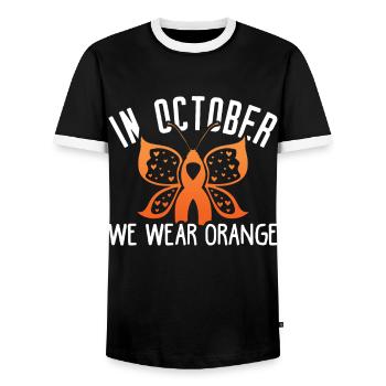 In October We Wear Orange For ADHD Awareness Month - Men's Ringer Shirt - black/white - Front - AI Model Female 172 light (172cm) & AI Model Male 178 light (178cm)