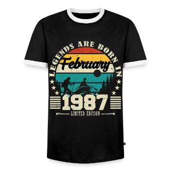 February 1987. Birthday gift February 1987. - Men's Ringer Shirt - black/white - Front - AI Model Female 172 light (172cm) & AI Model Male 178 light (178cm)