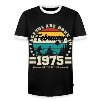 February 1975. Birthday gift February 1975. - Men's Ringer Shirt - black/white - Front - AI Model Female 172 light (172cm) & AI Model Male 178 light (178cm)