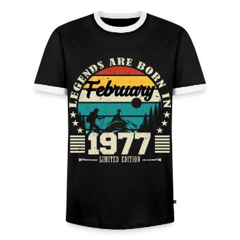 February 1977. Birthday gift February 1977. - Men's Ringer Shirt - black/white - Front - AI Model Female 172 light (172cm) & AI Model Male 178 light (178cm)