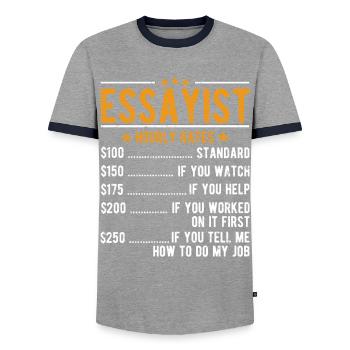 Essayist Hourly Wage - Men's Ringer Shirt - grey/navy  - Front - AI Model Female 172 light (172cm) & AI Model Male 178 light (178cm)