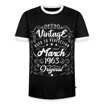 Vintage born in March 1963. Birthday March 1963 - Men's Ringer Shirt - black/white - Front - AI Model Female 172 light (172cm) & AI Model Male 178 light (178cm)