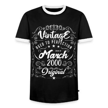 Vintage born in March 2000. Anniversary March 2000 - Men's Ringer Shirt - black/white - Front - AI Model Female 172 light (172cm) & AI Model Male 178 light (178cm)