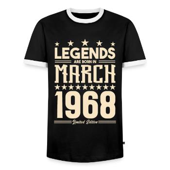 Gift Legend March 1968. gift March 1968. March. - Men's Ringer Shirt - black/white - Front - AI Model Female 172 light (172cm) & AI Model Male 178 light (178cm)
