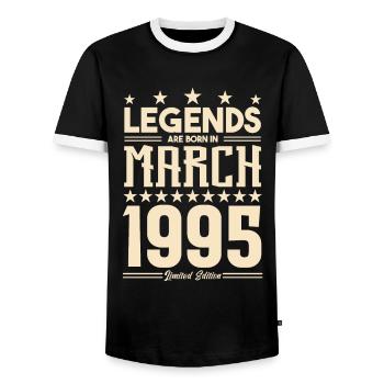 Gift Legend March 1995. gift March 1995. March. - Men's Ringer Shirt - black/white - Front - AI Model Female 172 light (172cm) & AI Model Male 178 light (178cm)