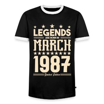 Gift Legend March 1987. gift March 1987. March. - Men's Ringer Shirt - black/white - Front - AI Model Female 172 light (172cm) & AI Model Male 178 light (178cm)