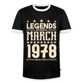 Gift Legend March 1978. gift March 1978. March. - Men's Ringer Shirt - black/white - Front - AI Model Female 172 light (172cm) & AI Model Male 178 light (178cm)
