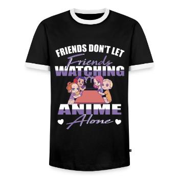 Friends don't let Friends Watching Anime alone - Men's Ringer Shirt - black/white - Front - AI Model Female 172 light (172cm) & AI Model Male 178 light (178cm)