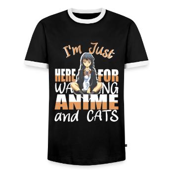 I'm Just here for watching Anime and Cats Manga - Männer Kontrast-T-Shirt - Schwarz/Weiß - Vorne - AI Model Female 172 light (172cm) & AI Model Male 178 light (178cm)