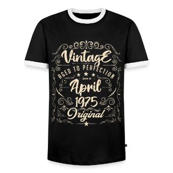 Vintage Né(e) en Avril 1975. anniversaire avril. - T-shirt contrasté Homme - noir/blanc - Devant - AI Model Female 172 light (172cm) & AI Model Male 178 light (178cm)