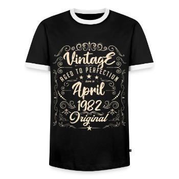 Vintage born in April 1982. Birthday April. - Men's Ringer Shirt - black/white - Front - AI Model Female 172 light (172cm) & AI Model Male 178 light (178cm)