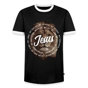 Jesus Is My God King My Lord My Savior Brown Lion - Men's Ringer Shirt - black/white - Front - AI Model Female 172 light (172cm) & AI Model Male 178 light (178cm)