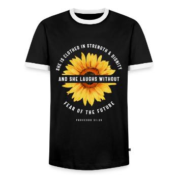 Bible Verse Scripture Religious Proverbs 31:25 - Men's Ringer Shirt - black/white - Front - AI Model Female 172 light (172cm) & AI Model Male 178 light (178cm)