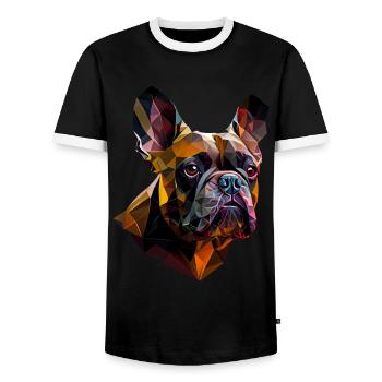 French Bulldog Frenchie Französische Bulldogge - Men's Ringer Shirt - black/white - Front - AI Model Female 172 light (172cm) & AI Model Male 178 light (178cm)