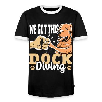 We Got This Dock Diving Dog Jumping - Men's Ringer Shirt - black/white - Front - AI Model Female 172 light (172cm) & AI Model Male 178 light (178cm)