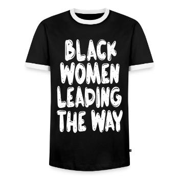Black Women Leading the Way Black History Month - Men's Ringer Shirt - black/white - Front - AI Model Female 172 light (172cm) & AI Model Male 178 light (178cm)
