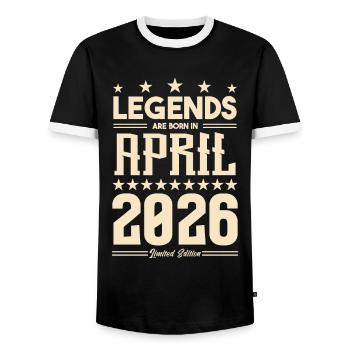 Gift Legend April 2026 gift April 2026. April - Men's Ringer Shirt - black/white - Front - AI Model Female 172 light (172cm) & AI Model Male 178 light (178cm)