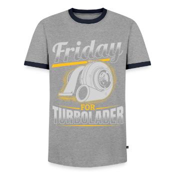 Fridays for Turbocharger Tuning Car Racing Displacement - Men's Ringer Shirt - grey/navy  - Front - AI Model Female 172 light (172cm) & AI Model Male 178 light (178cm)
