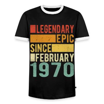 Anniversaire février 1970 Épopée légendaire - T-shirt contrasté Homme - noir/blanc - Devant - AI Model Female 172 light (172cm) & AI Model Male 178 light (178cm)