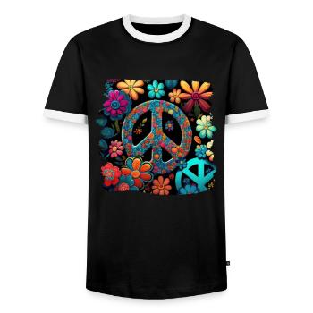 Hippie Festival Love Vintage Peace Sign - Men's Ringer Shirt - black/white - Front - AI Model Female 172 light (172cm) & AI Model Male 178 light (178cm)