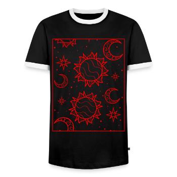 Bohemian Aesthetic Sun and Moon Pattern - Men's Ringer Shirt - black/white - Front - AI Model Female 172 light (172cm) & AI Model Male 178 light (178cm)