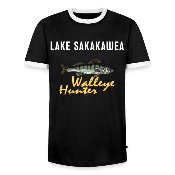 Fishing In North Dakota - Walleye Hunter - Men's Ringer Shirt - black/white - Front - AI Model Female 172 light (172cm) & AI Model Male 178 light (178cm)