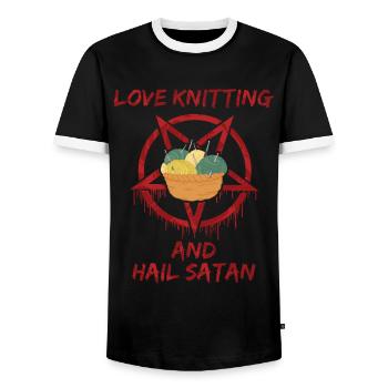 Love Knitting and Hail Satan - Männer Kontrast-T-Shirt - Schwarz/Weiß - Vorne - AI Model Female 172 light (172cm) & AI Model Male 178 light (178cm)