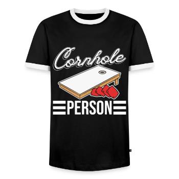 Cornhole Person - Lustiges Cornhole - Männer Kontrast-T-Shirt - Schwarz/Weiß - Vorne - AI Model Female 172 light (172cm) & AI Model Male 178 light (178cm)