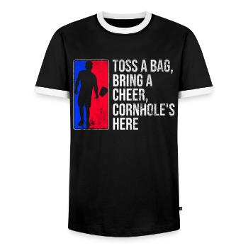 Cornhole Player Blind Hole - Funny Cornhole - Men's Ringer Shirt - black/white - Front - AI Model Female 172 light (172cm) & AI Model Male 178 light (178cm)