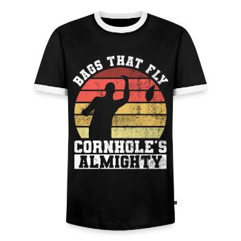 Cornhole Player Blind Hole - Funny Cornhole - Men's Ringer Shirt - black/white - Front - AI Model Female 172 light (172cm) & AI Model Male 178 light (178cm)
