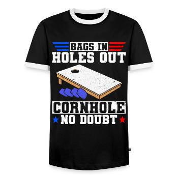 Cornhole Player Blind Hole - Funny Cornhole - Men's Ringer Shirt - black/white - Front - AI Model Female 172 light (172cm) & AI Model Male 178 light (178cm)